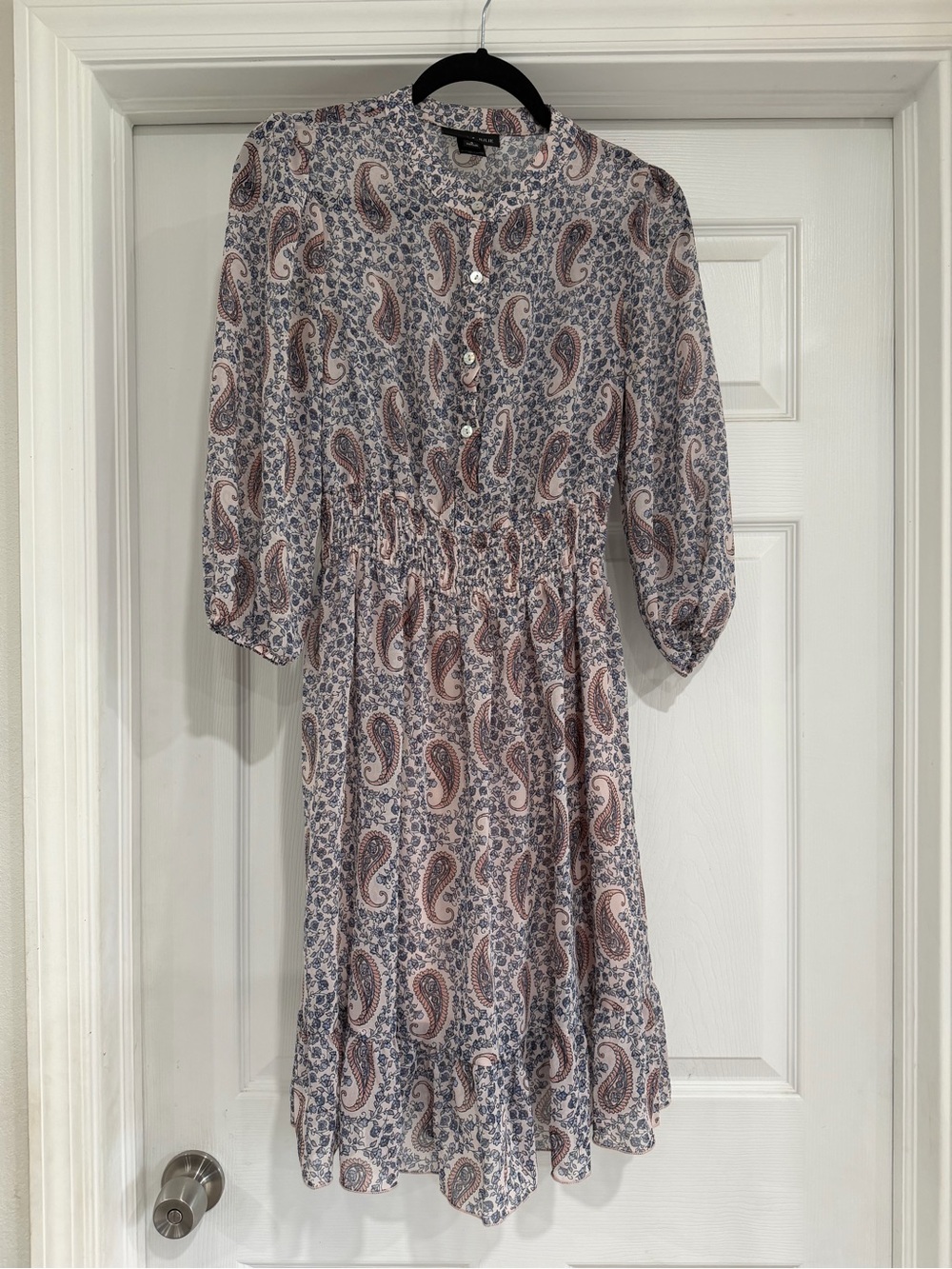 Paisley Button-Front Midi Dress in Light Pink and Blue